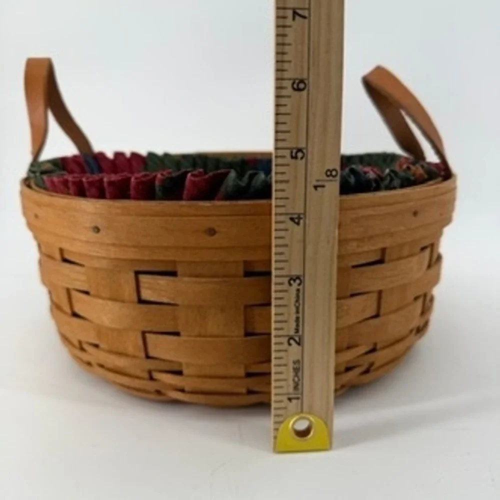 Longaberger 1993 Handwoven Round Basket Leather Handles Southwestern Liner USA